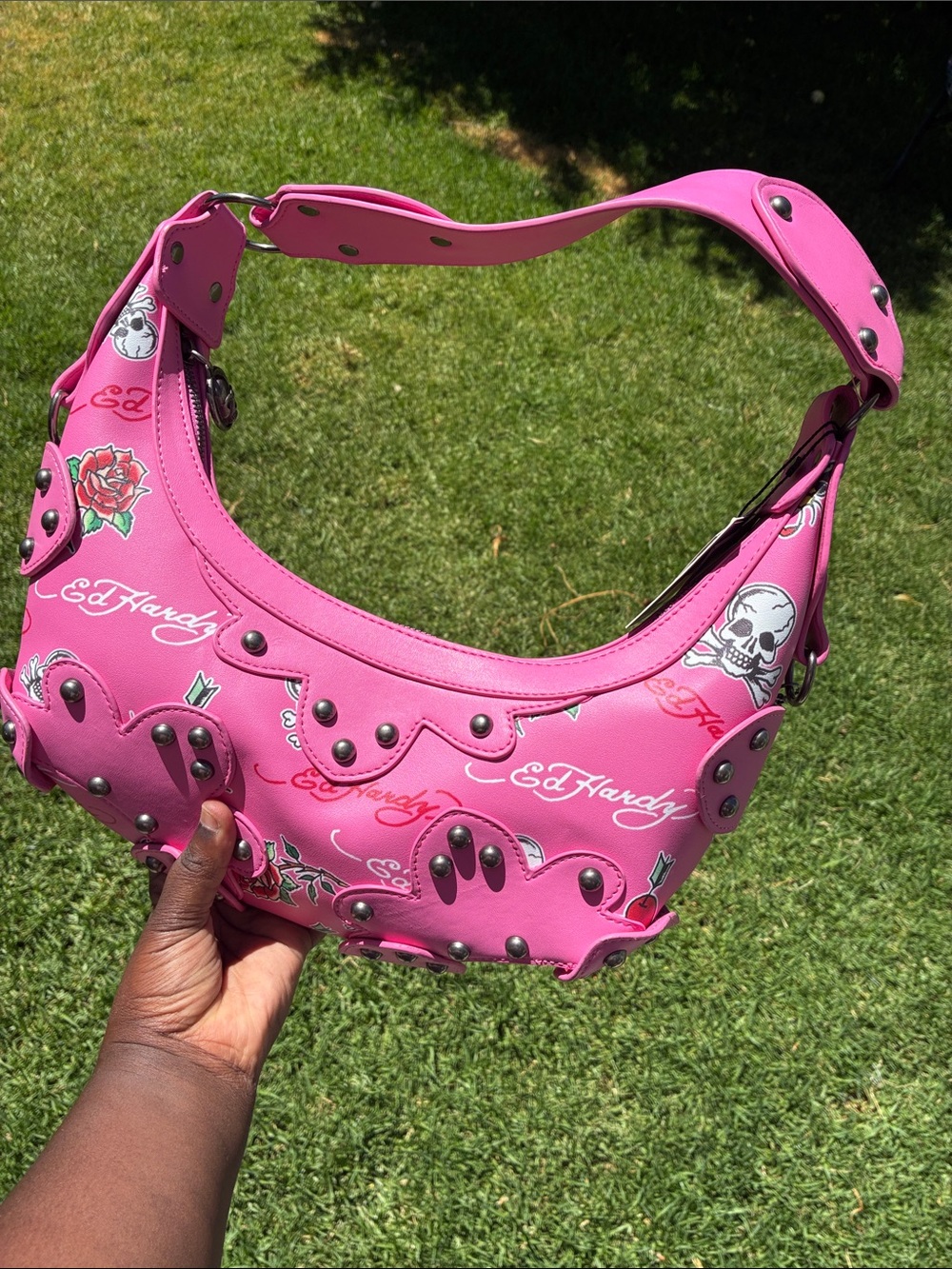 Ed Hardy Hot Pink Tattoo-Print Studded Shoulder Bag